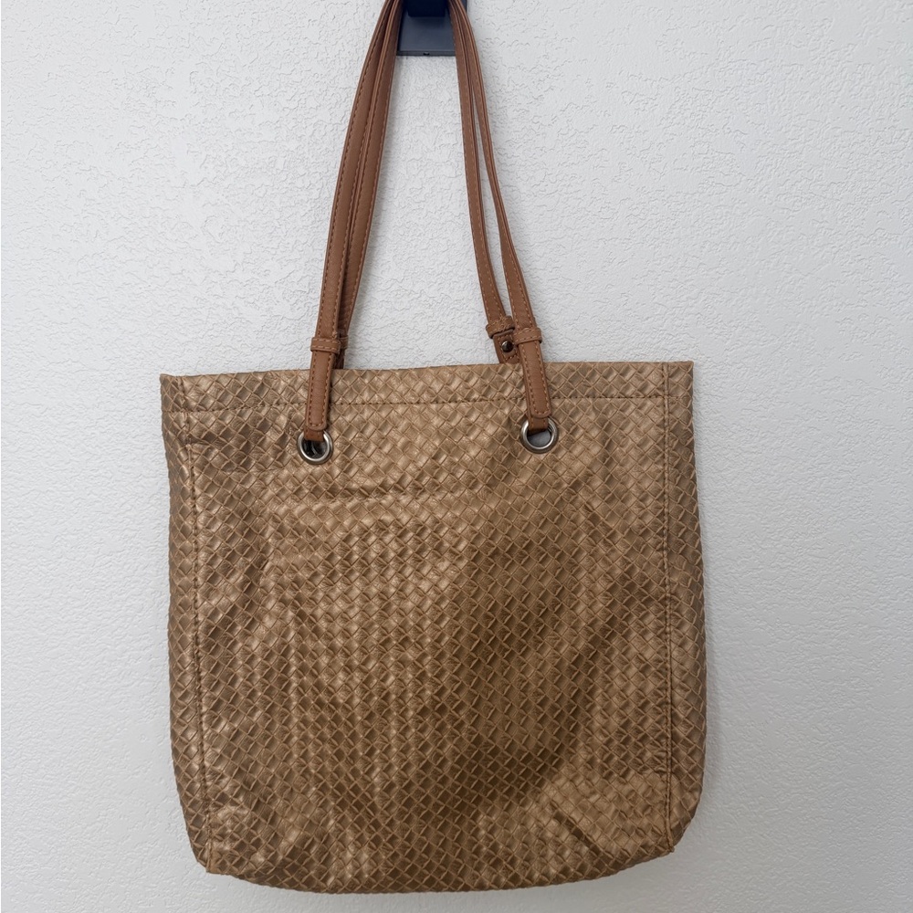 Nine West Metallic Tan Textured Woven Tote Bag - Picture 2 of 5